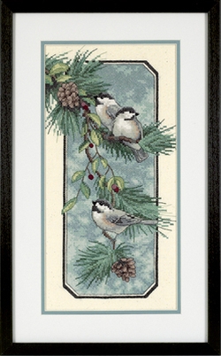 Chickadees on a Branch Stamped Cross Stitch Kit